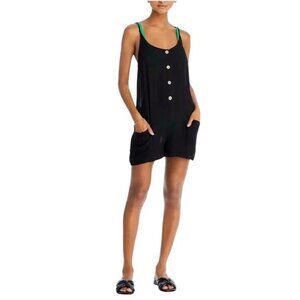 Aqua Swim Black Sleeveless Button-Front Romper Coverup w Pockets Med Swim Cover